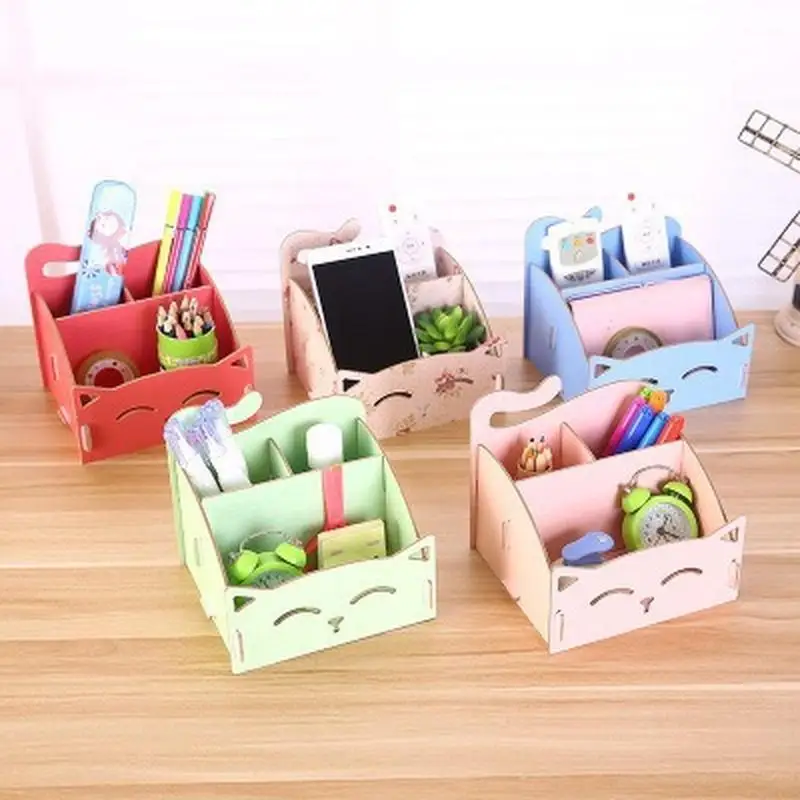 1Pc DIY Wooden Assemble Cute Cat Pen Pencil Holder Cosmetic Holder Desk Organizer for Home Office