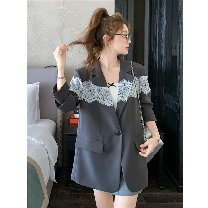 Grey Lace Patchwork Suit Jacket Women's Suit Blazer Spring  Autumn 2026 New Korean Style Design Casual Suit Coat Female Top