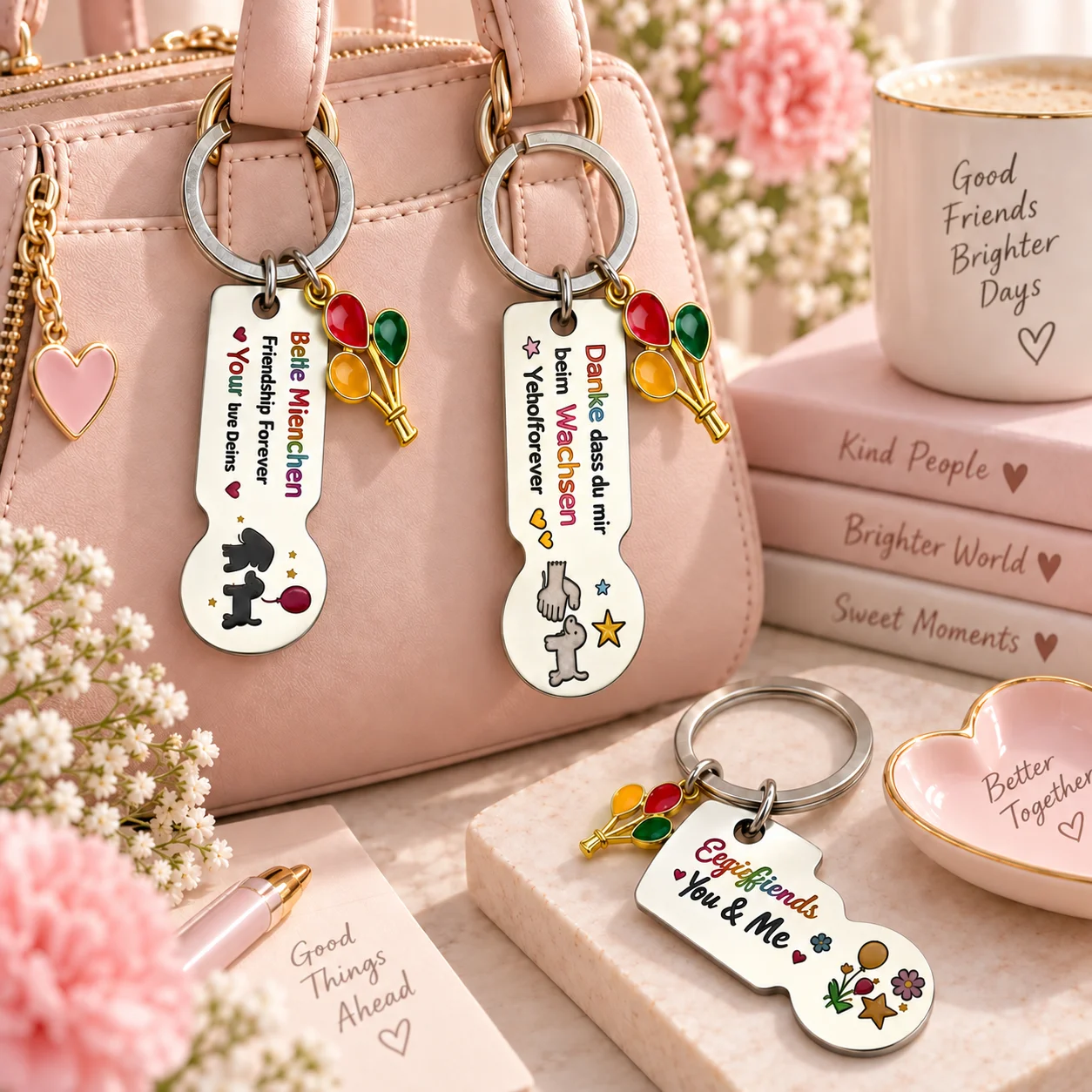 German Friendship Quote Stainless Steel Keychain With Colorful Balloon Charm, BFF Key Ring, Best Friend Gift Bag Charm