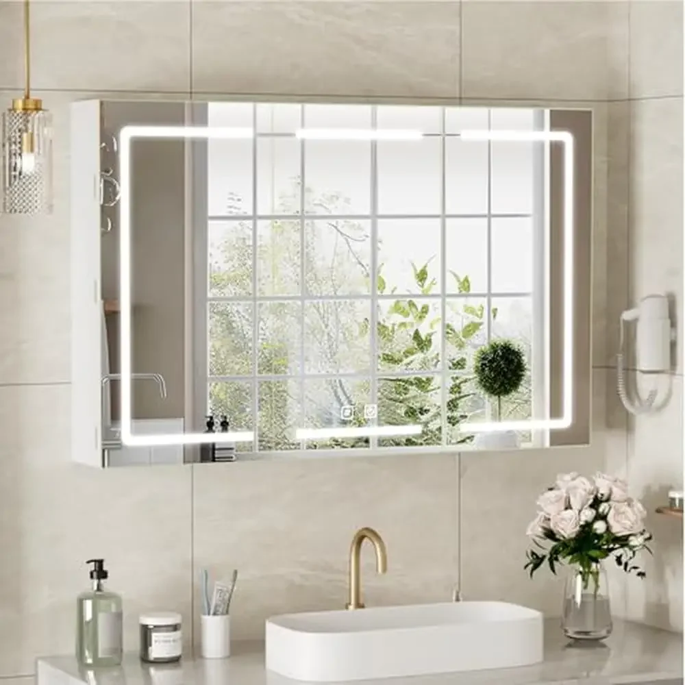 Bathroom LED Mirror Cabinet Wall Mounted Adjustable Shelf Defog 3-Color Memory Storage Space Moisture Proof High Durability