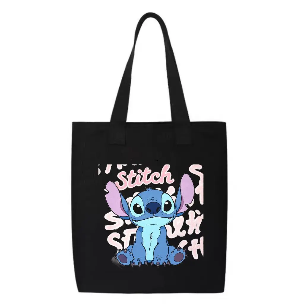 حقائب اليد المصنوعة من القماش باللونين البيج والأسود من Lilo & Stitch - رسم توضيحي لشخصية الغرز الملونة، اقتباس تحفيزي 'معرف ماذا أنت #5