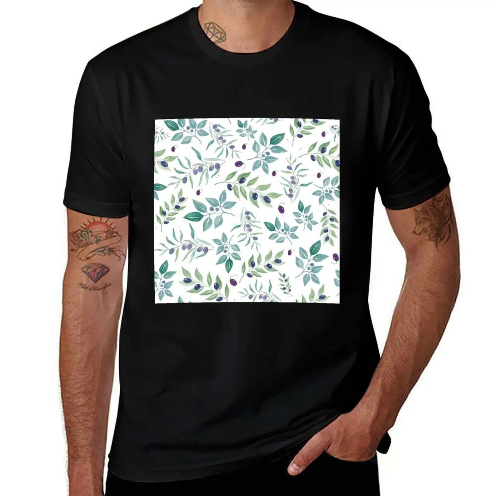 Olive Branch Watercolor Pattern T-Shirt Active Wear Sports for Men T-Shirt