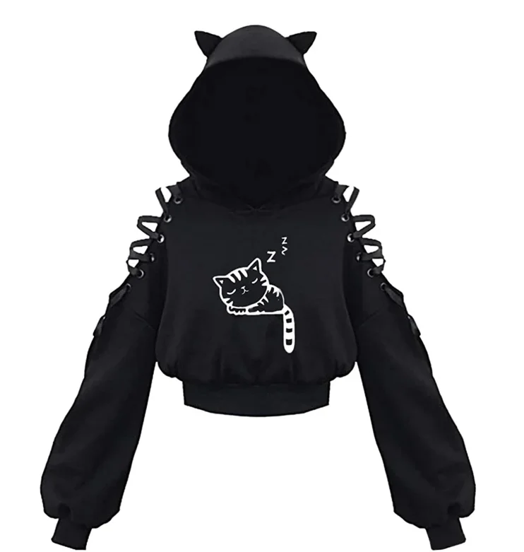الملابس النسائية بلون القوطية Hoddies المرأة البلوز الجوف خارج كم طويل مقنع بلوزة كاجوال الصيف الخريف Y2k