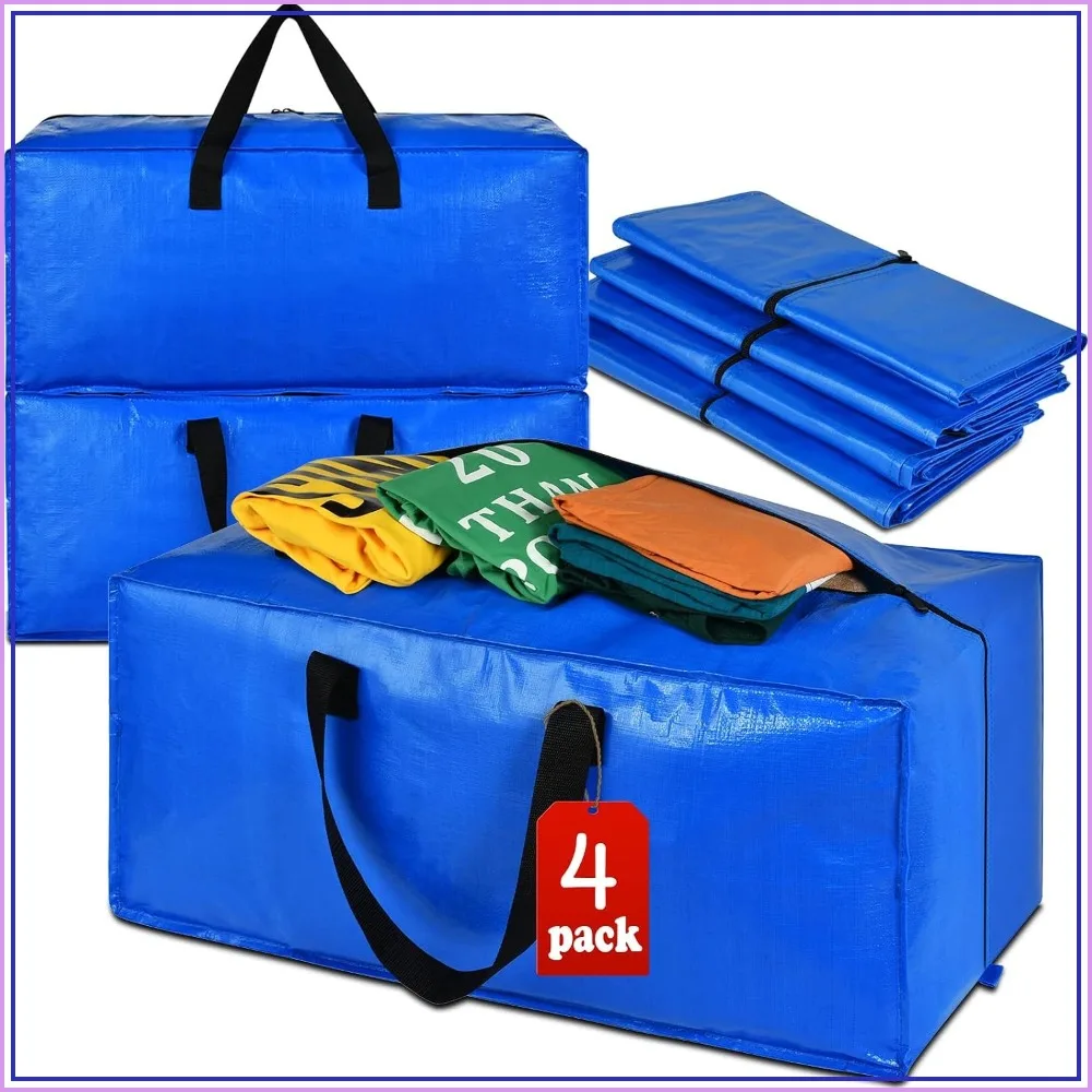 Extra Large Heavy Duty Moving Bags with Backpack Straps, 4 Pack, 24.5 Gallon, Reusable Storage Totes for Moving, Camping, Dorm
