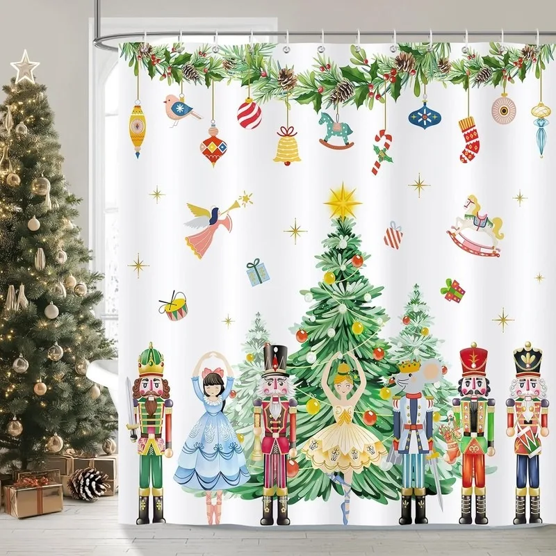 Cartoon Nutcracker Ballet Girl Christmas Tree Shower Curtain Bathroom Decor No Drilling Hooks 12 Hooks Included