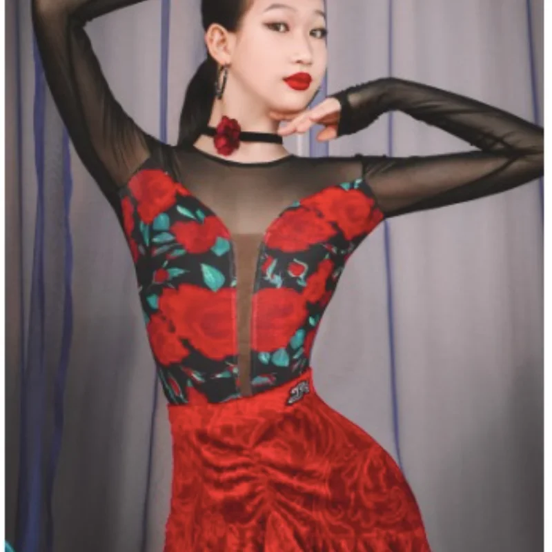 Women Latin Dance Performance Costumes Adult Long Sleeved Printed Jumpsuit Skirts Suit Chacha Rumba Latin Dance Dress DN16029