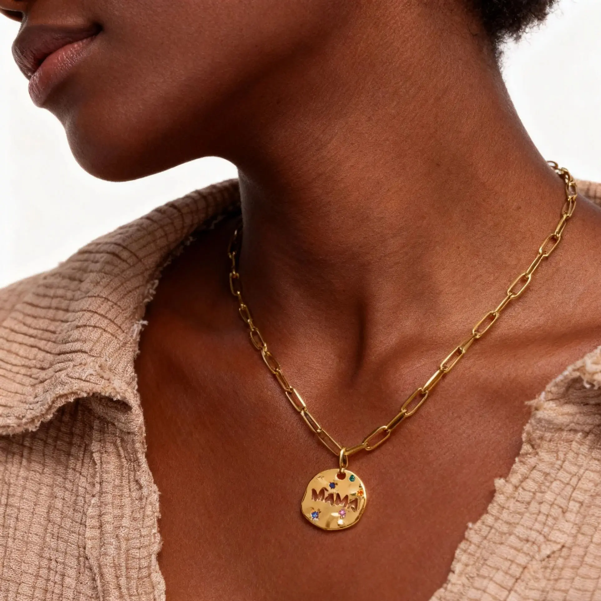 MAMA Pendant Necklace for Mom Grandma, 18K Gold Plated Stainless Steel Irregular Round Guardian Angel Tarot Pendant, Mothers Day - view 4