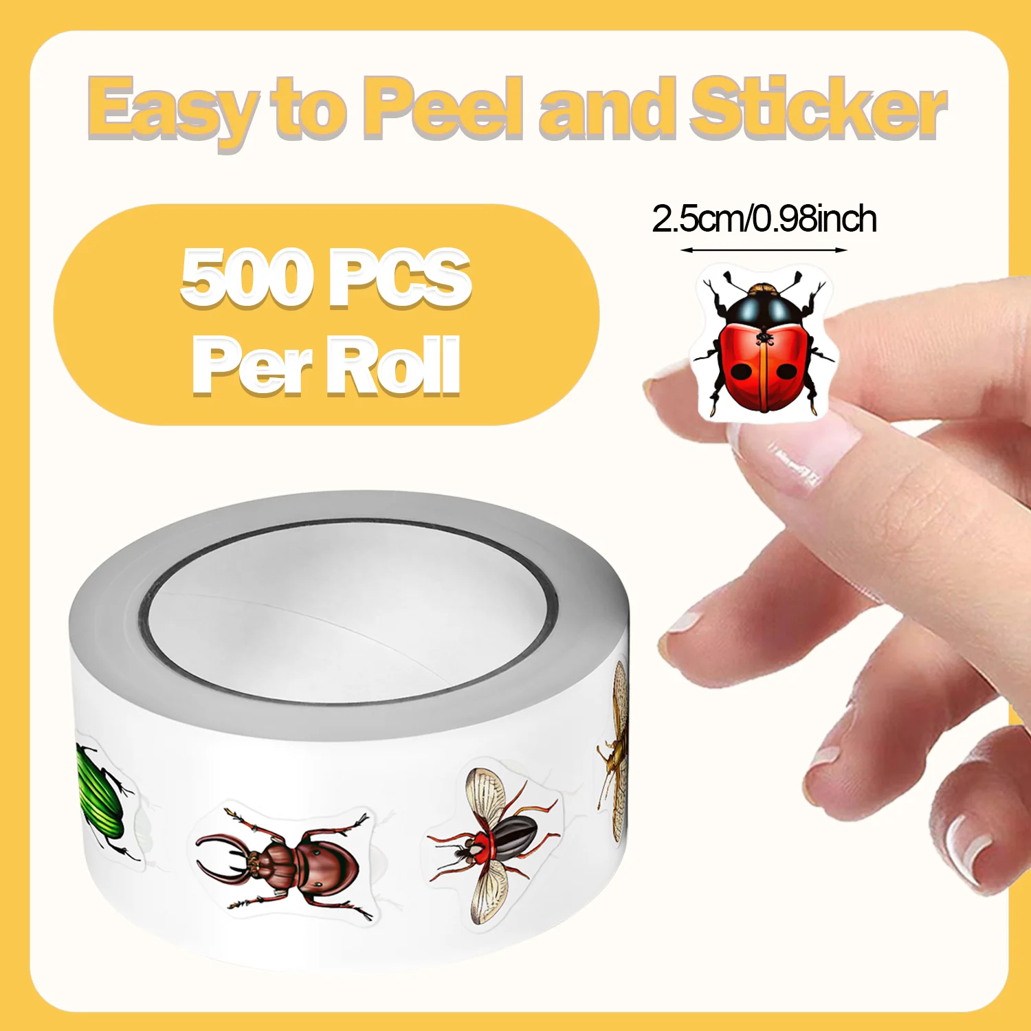 1Roll(500Pcs) Vivid Insect Little Animals Stickers 2.5cm/1.0'' 8 Designs Decals Diy Adorn Gifts Suitable for Various Gift Pack