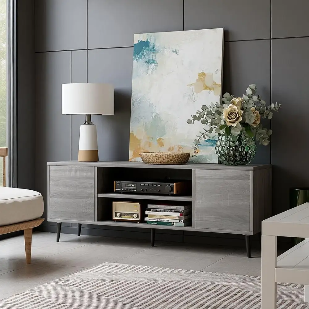 

65 Inch Mid Century Modern TV Stand with Storage and Open Shelves, Entertainment Center for Living Room and Bedroom in Light Gra