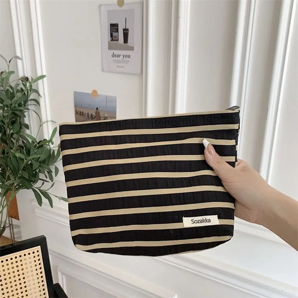 Large Capacity Stripe Makeup Bag Casual Canvas Lipstick Bag Cosmetic Bag Toiletry Organizer Storage Bag Student