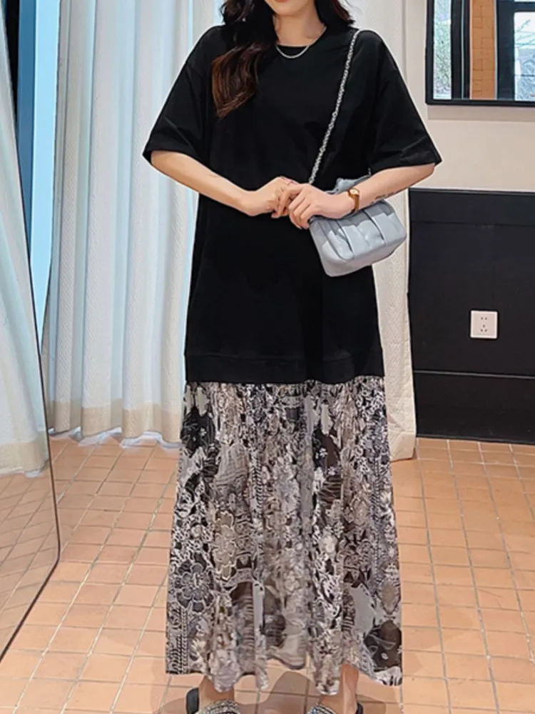 حجم كبير الشيفون الصيف الكورية نمط فستان طويل فضفاض للنساء المرقعة هيم قصيرة الأكمام فساتين السيدات رداء Elbise Vestidos