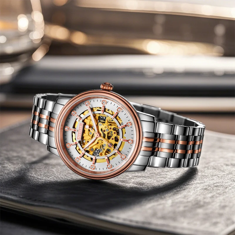 MIGE Men Mechanical Automatic Watch Full Skeleton Diamond Dial Two‑Tone Metal Band Business Luxury Male Wristwatch