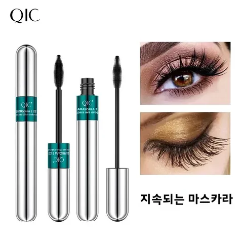 QIC 더블 이펙트 4D 마스카라 방수 롱 컬 천연 두꺼운 속눈썹 2-in-1 블랙 마스카라(브러시 헤드 2개 포함)