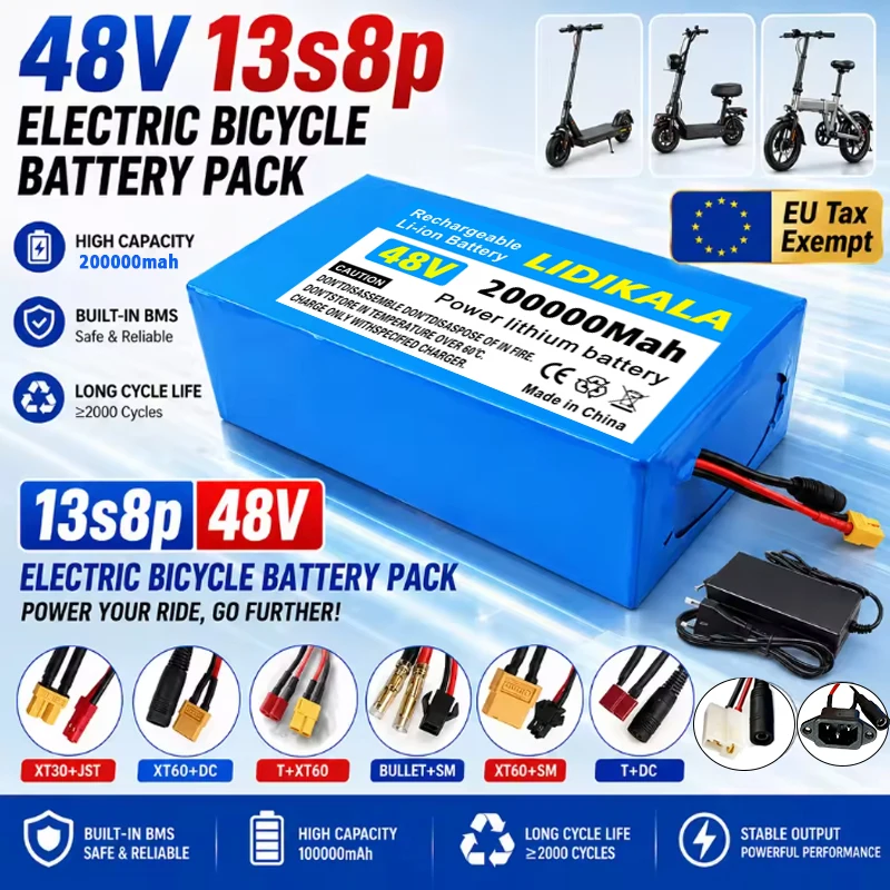 Neue 13S8P 48V 200Ah Lithium-Batterie mit großer Kapazität, 2000W, für Citycoco-Roller, Ersatzbatterie mit integriertem, stabilem 50A-BMS-Schutzschaltkreis (inklusive Ladegerät).