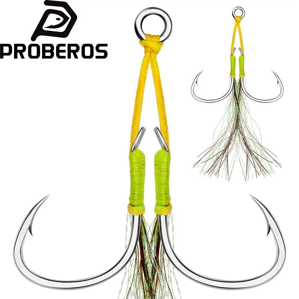 PROBEROS 2pcs/lot Jigging Assist Hook Fly Fishing Hook Barbed Double Sharp Hooks With Thread Feather Sea Fishhook Fishing Tackle