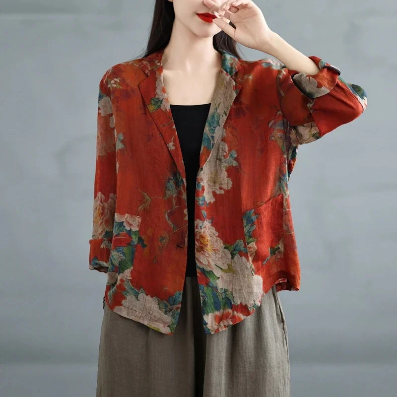 

Новая женская куртка: весенне-летний ретро-жакет свободного кроя с принтом, хлопково-льняной пиджак, женская весенне-осенняя куртка