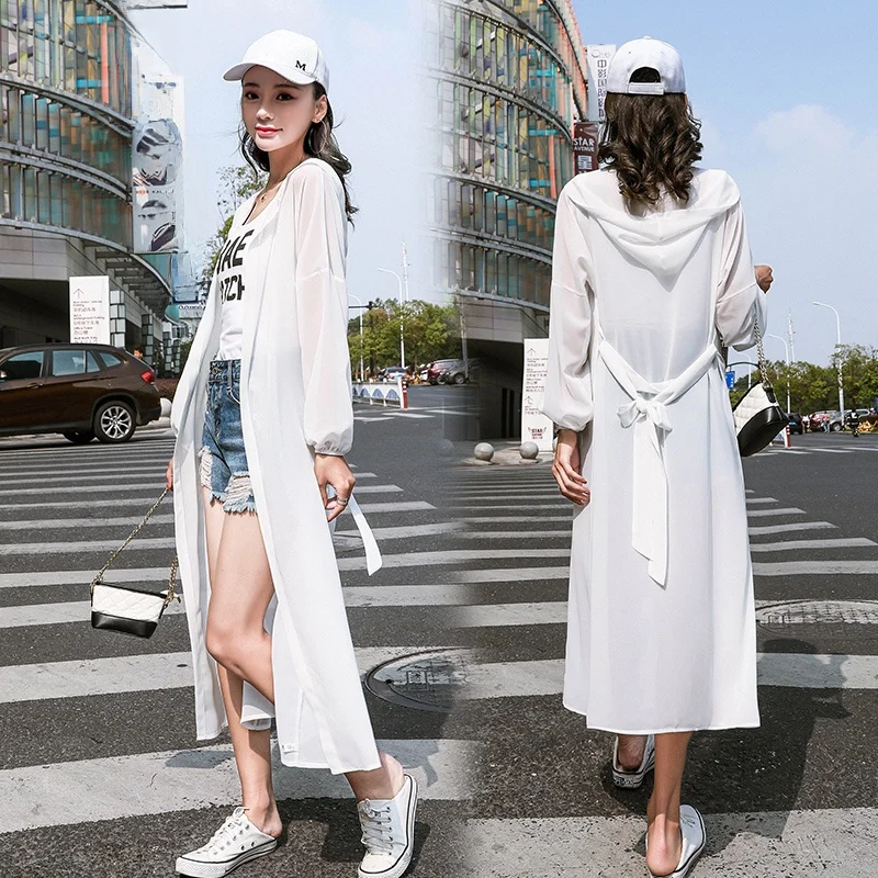 

Летний женский кардиган из шифона с длинными рукавами, ультра-легкий, средней длины, выше колена, в корейском стиле, для пляжа