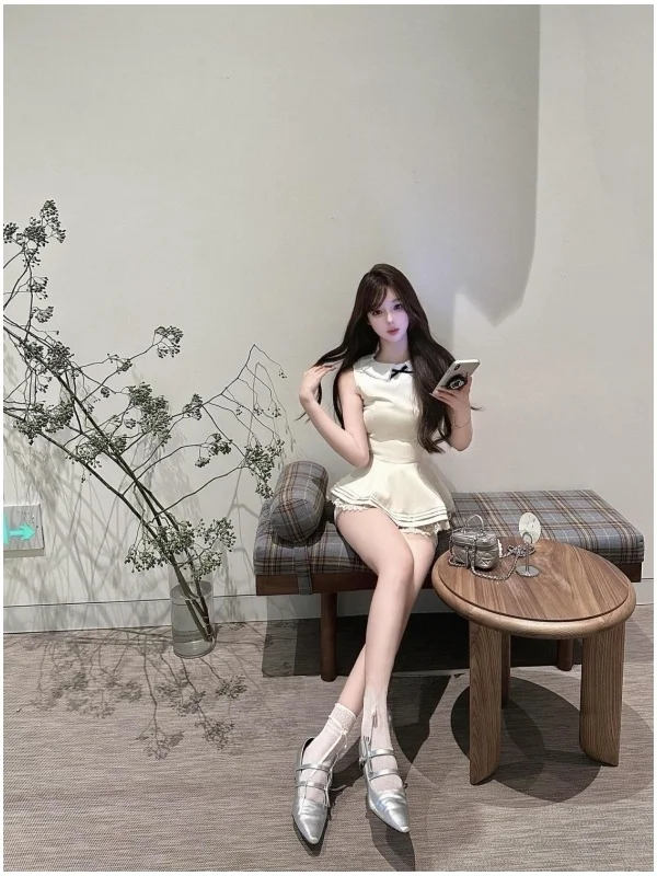 صيف جديد الحلو دمية طوق Svel عقدة أعلى الخصر Cinching التخسيس ort تنورة قطعتين مجموعة المرأة Faion #4