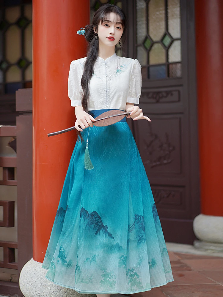 Gradient Horse-Face Skirt Thousand-Li Landscape Small Cropped Mid-Length Daily Hanfu Improved National Style Suit Female Summer