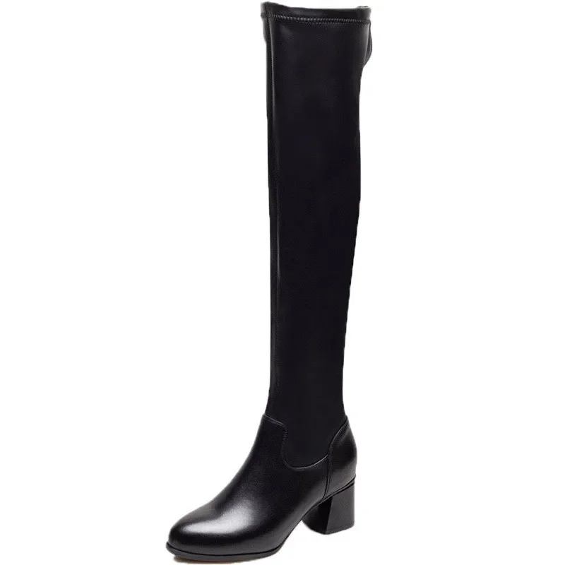 Botas elásticas de cuero para mujer, botines largos de felpa con tacón grueso por encima de la rodilla, sin cordones, para otoño e invierno, novedad de 2024