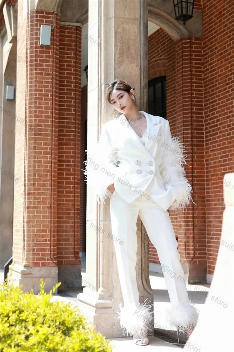 Weißer Feder-Damenanzug-Set, 2-teilig, Blazer, Hose, Hose, maßgeschneidert, formelle Bürodame, Jacke, Hochzeit, Abschlussball, zweireihiger Mantel