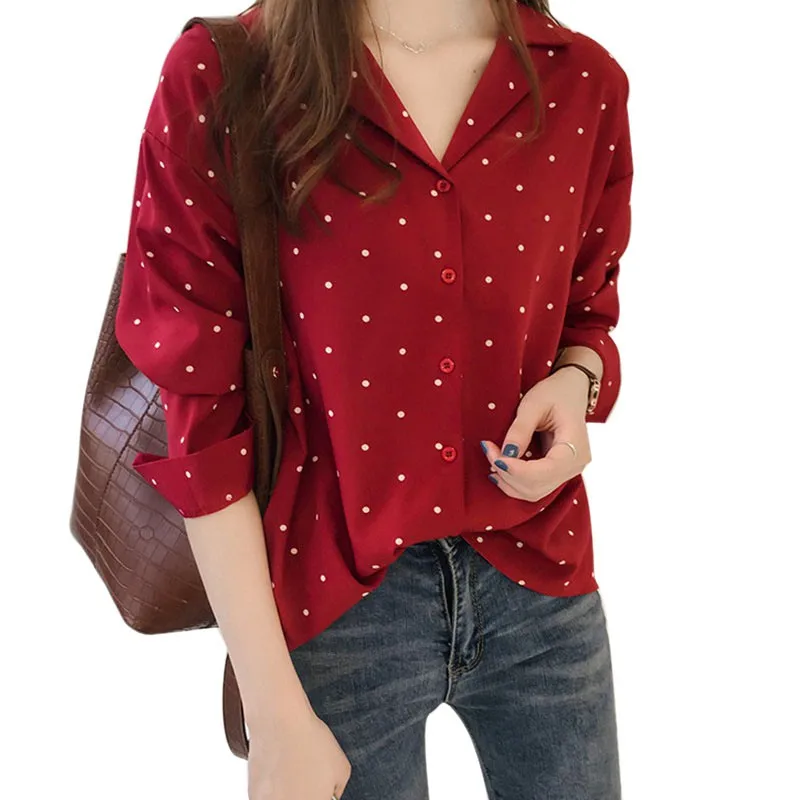 Ladies V-neck Polka Dot Print Long Sleeve Shirt Vintage Lapel Chiffon Button Down Blouse Top Casual Ladies Shirt