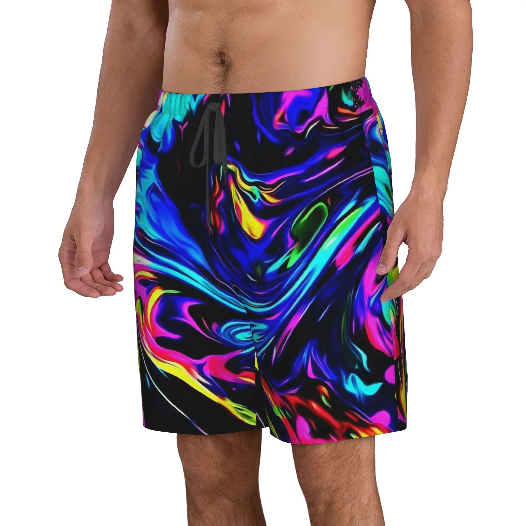 Vibrant Neon Abstract Fluid Marble Print Trunks Beach Board Shorts Casual Quick Dry Swimming Summer Men Pants