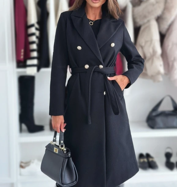 

Simple and fashionable solid color double row buckle tied woolen coat for women