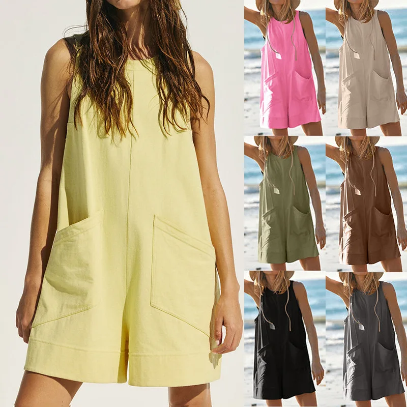 

Slim Suspender Strap Sexy Jumpsuits Sleeveless Vest Large Pockets Rompers Y2k Summer Casual Overalls Playsuits Women Clothing