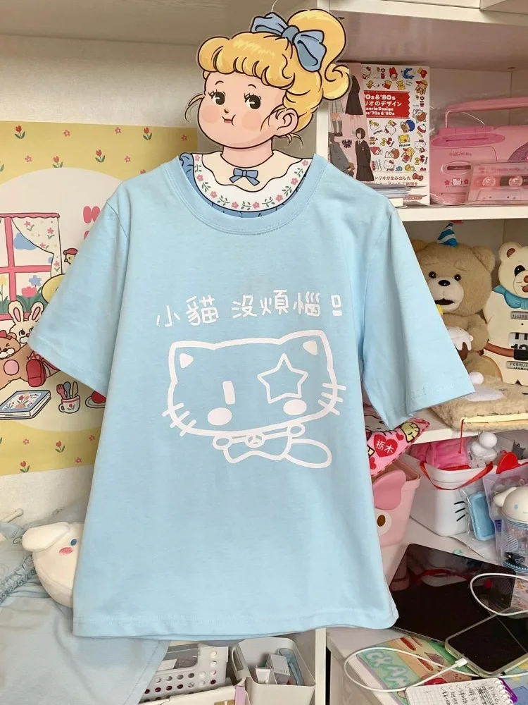 Sweet Kawaii Cat Print O-neck BaBy Blue T-shirts Summer Loose Oversize Cotton Tops Women Y2k Grunge Shoirt Sleeve Tee Shirt