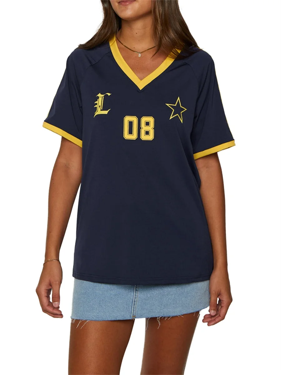 

Женская футболка с коротким рукавом и V-образным вырезом, свободного покроя