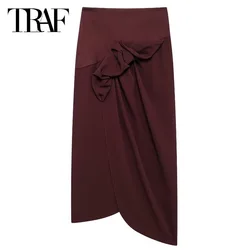 TRAF Women's Skirt Burgundy Long Skirt Summer Autumn Ruched Wrap Skirt Women Asymmetric Ruffled Elegant High Waist Long Skirts