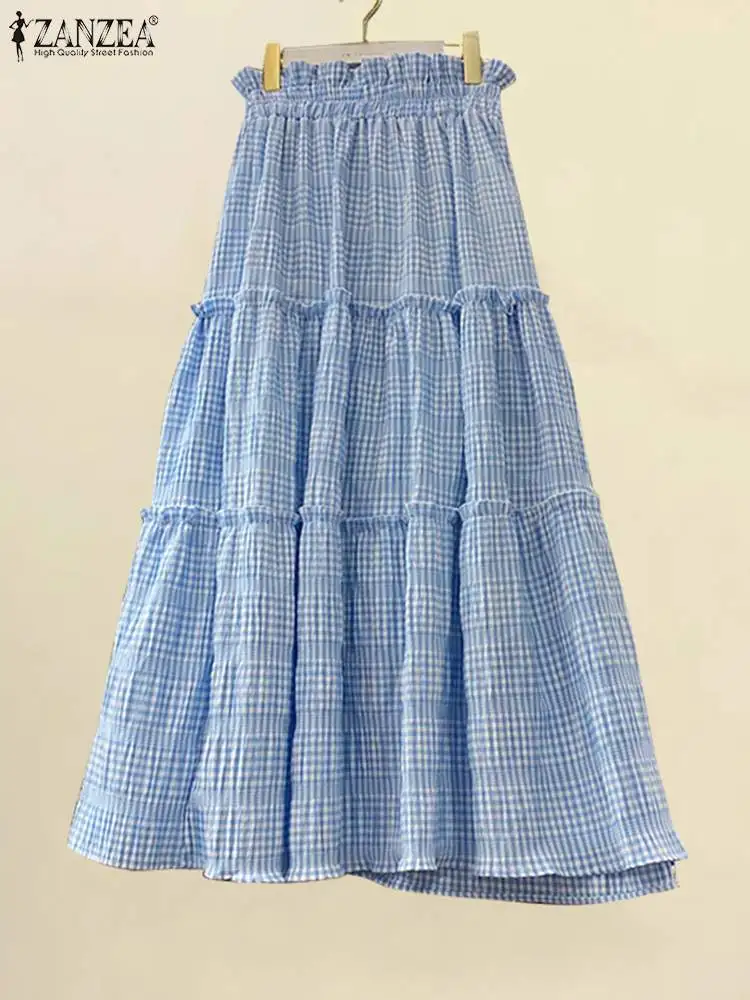 

ZANZEA 2024 Vintage Elastic High Waist Jupes Holiday Pleating Skirts Elegant A-line Simple Long Faldas Women Plaid Maxi Skirt