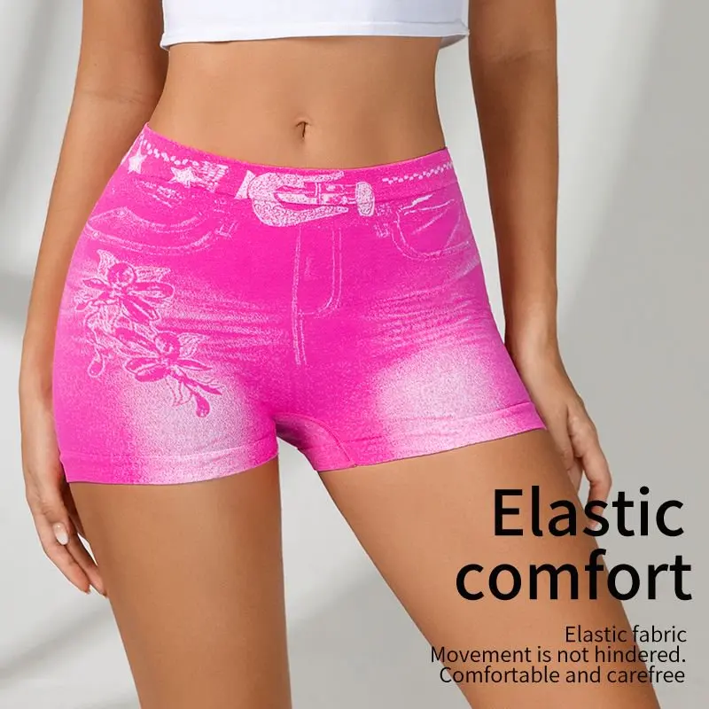 New Women Fake Denim Print Shorts High Waist Butt Lifting Stretchy Workout Shorts Floral Pattern Casual Fitness Yoga Short Pants