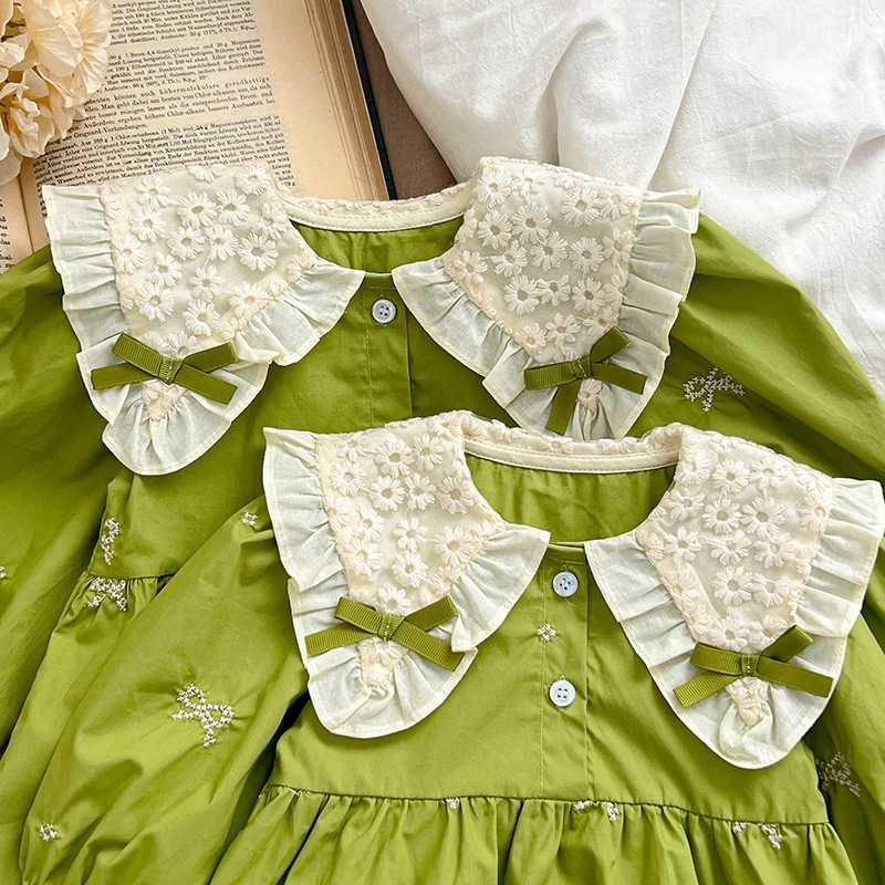 Sisters Clothes Infant Baby Girls Lace Collar Dress Rompers Kids Baby Girls Embroider Bow Princess Dress Family Clothes Rompers