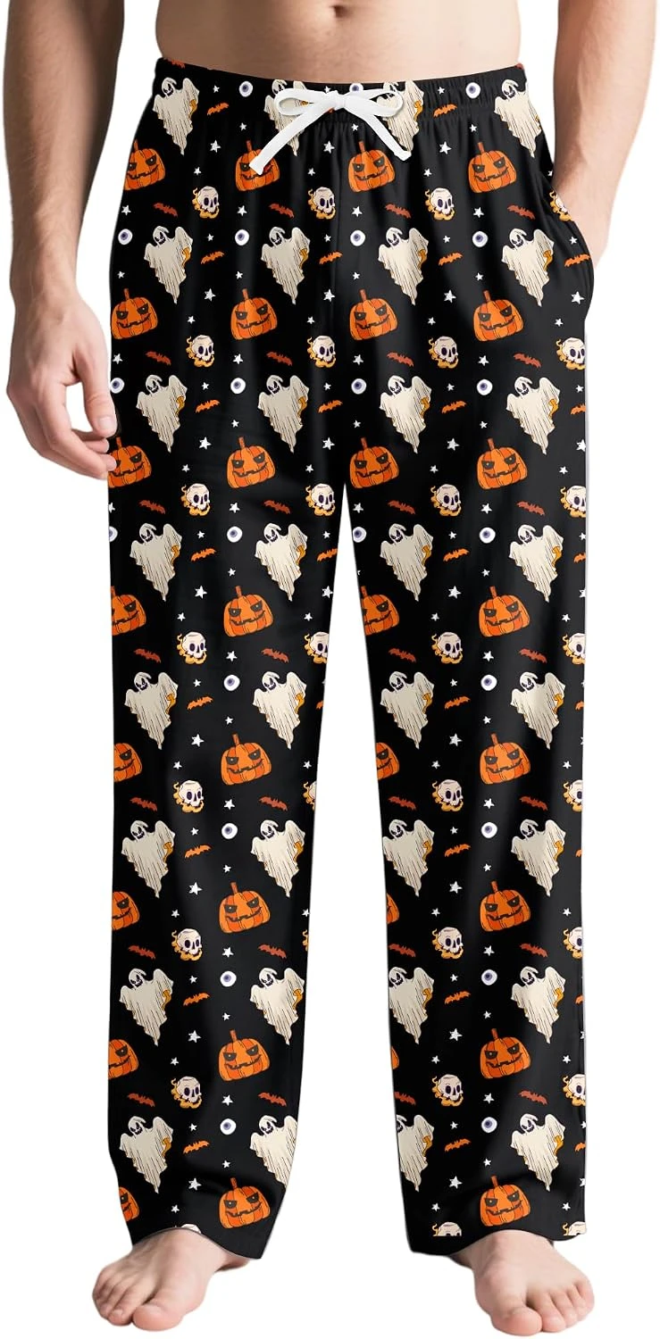 2026 New Halloween Hot Products Pumpkin Head Bat Printed Pants European and American Loose Pocket Home Pants Holiday Party