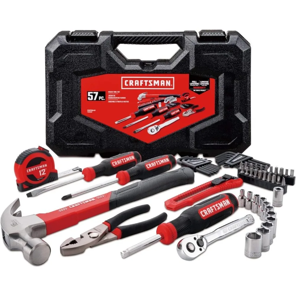 

CRAFTSMAN Home Tool Kit / Mechanics Tool Set, 57-Piece, Hammer, Screwdrivers, Drill Bits, Sockets, Ratchet, Hex Keys, Tape Measu