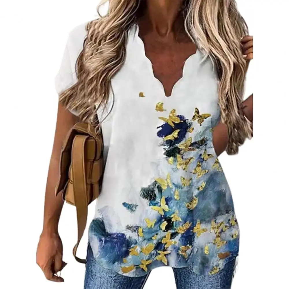 

Spring Summer Breathable White Flower Print Women Shirt Casual Short Sleeves Buttons Ladies Blouse Top