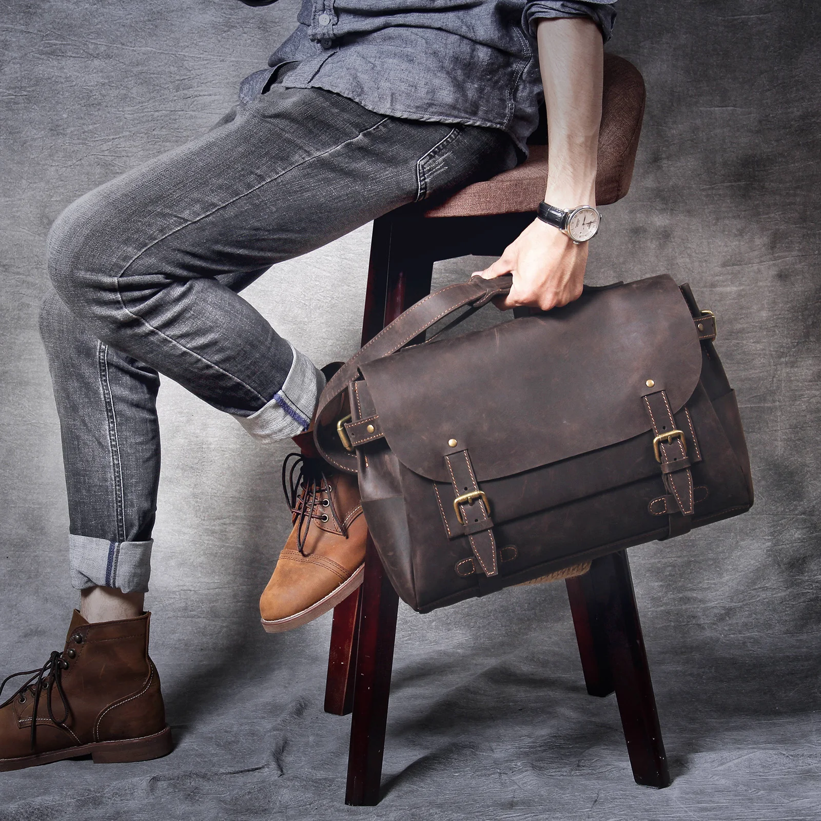 S.WORKE Vintage Echtleder Herren Umhängetasche Messenger Bag Crazy-Horse Rindsleder Klassische 14 Zoll Laptop-Tasche – Detail 6