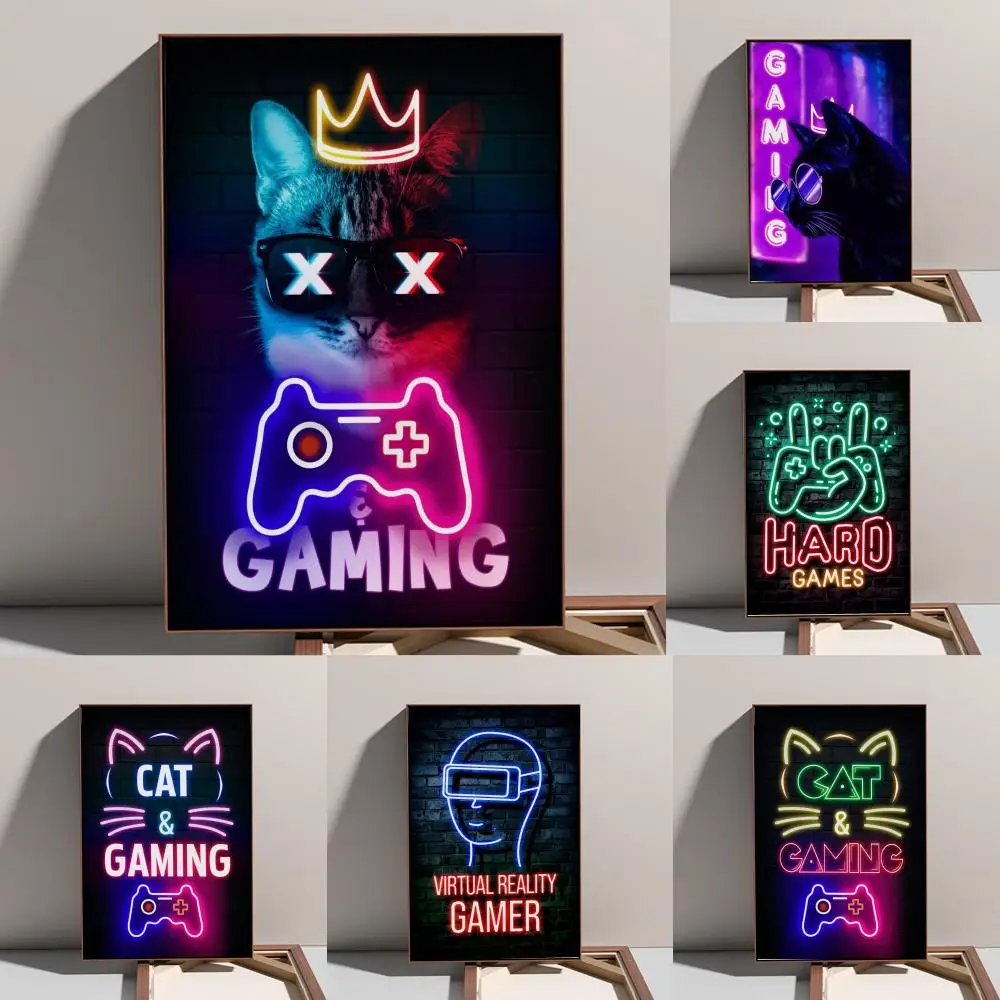 

Nordic Cat and Gaming Controller Quotes Poster Prints Oil Painting Mural Living Room Home Decoration Party Evening Cover