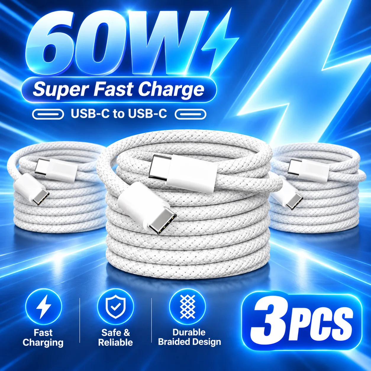 3PCS 60W USB C to Type C Fast Charging Cable PD Braided Data Cord for iPhone 16 15 Pro Huawei Xiaomi Samsung Mobile Phone