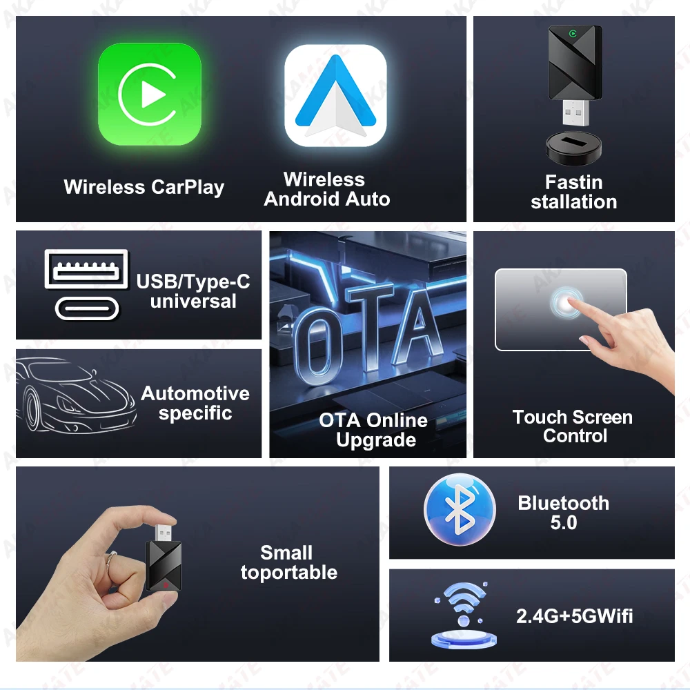 2 في 1 دونجل CarPlay اللاسلكي اللاسلكي أندرويد التوصيل والتشغيل التلقائي لشركة فولكس فاجن تويوتا هوندا نيسان لراديو السيارة السلكية OEM