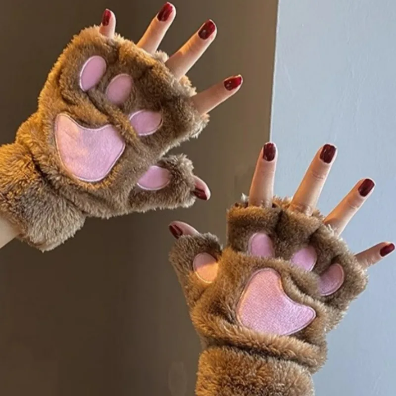 Winter Cat Half Finger Gloves Cute Cat Claw Warm Fluffy Fingerless Glove Autumn Thickened Plush Velvet Thermal Bear Paw Mittens