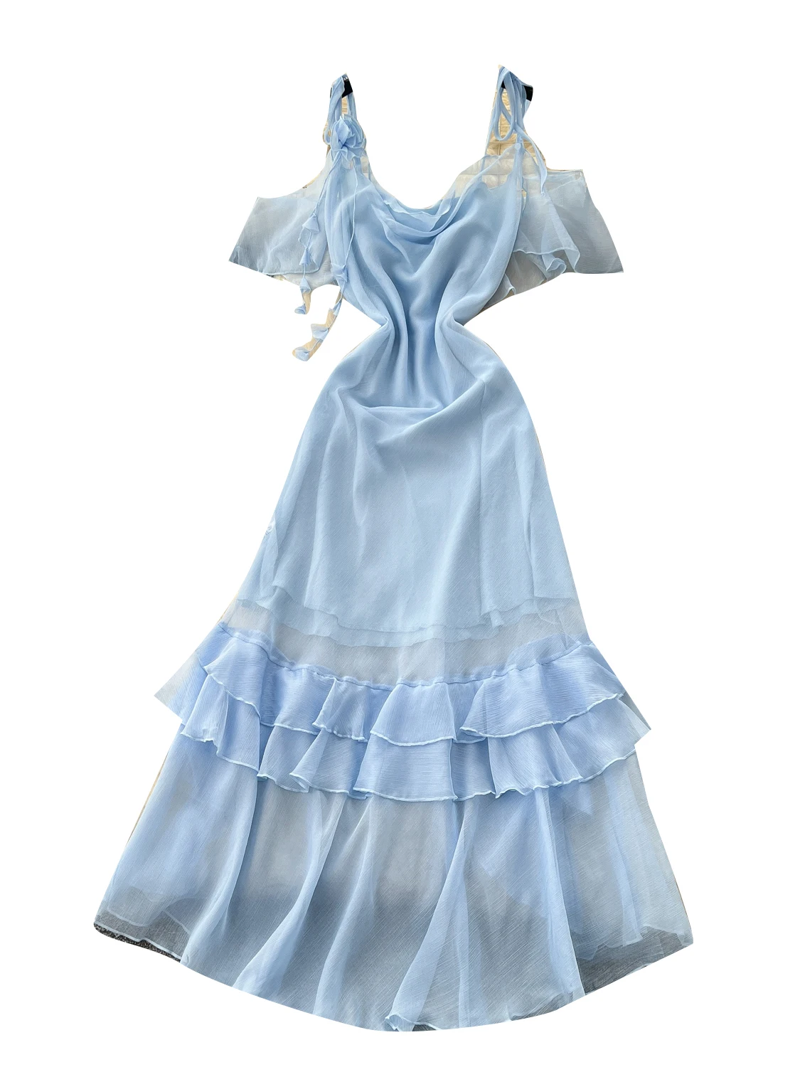 Niebieska Letnia Sensacja Projektancka Damska Sukienka z Odkrytymi Ramionami, Długa Spódnica na Ramiączkach, Wysoki Stan, Krój A-Line, Midi, Styl Koreański