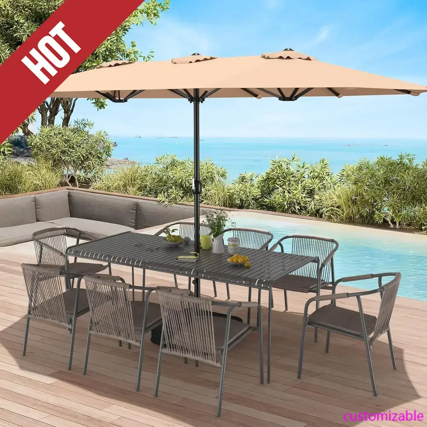 2025 Hot 15ft Patio Umbrella With Base Included, Extra Large Shade Area, Double Sided Rectangle With Crank Handle For Poolside,