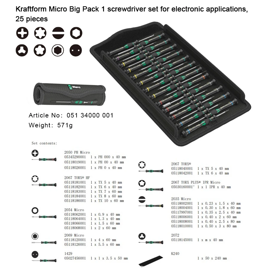 WERA 05134000001 25 Pcs Micro Precision Electronic Screwdriver Set with High Corrosion Protection Bits Electrican Hand Tools