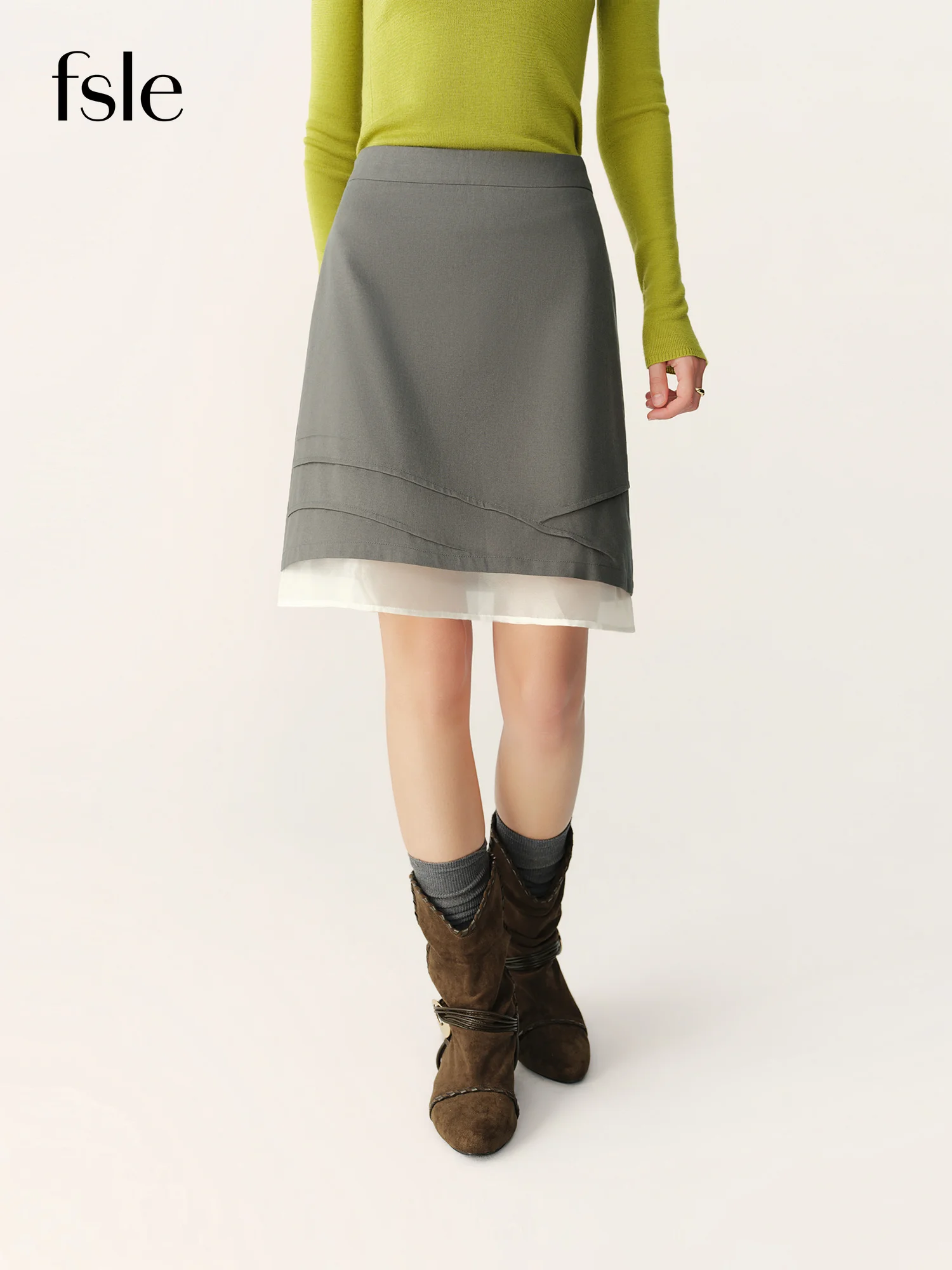 FSLE 2026 Winter New Lyocell‑Cotton Blend Spliced Fake Two‑Piece Slim‑Fit Bodycon Hip‑Hugging Commuter Elegant Pencil Mid Skirt