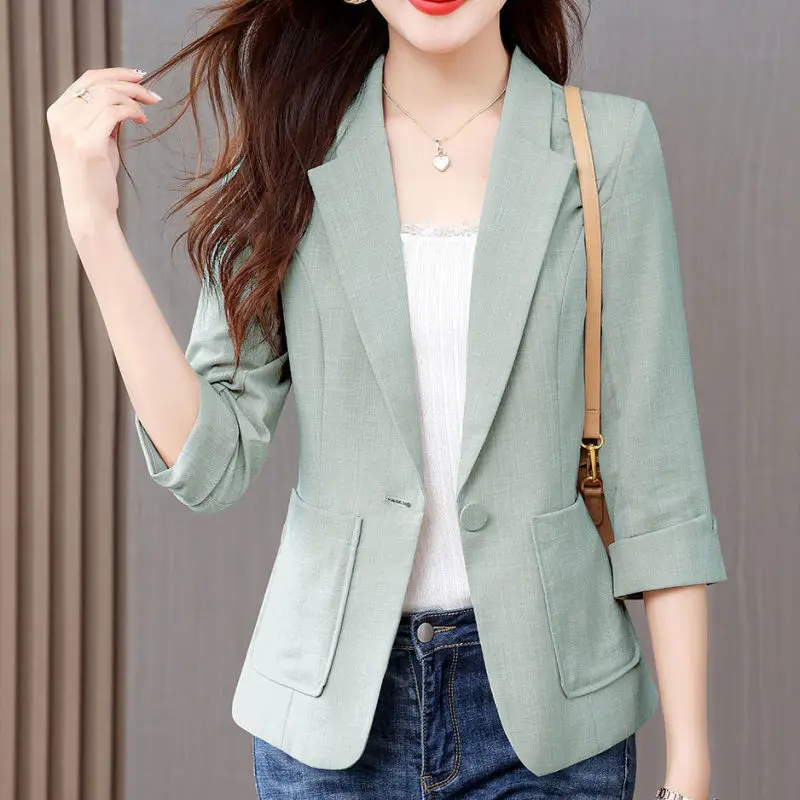 2024 Spring and Summer Temperament Commuting Simplicity Fashion Slim Fit Solid Color Versatile Three Quarter Suit Coat for Women