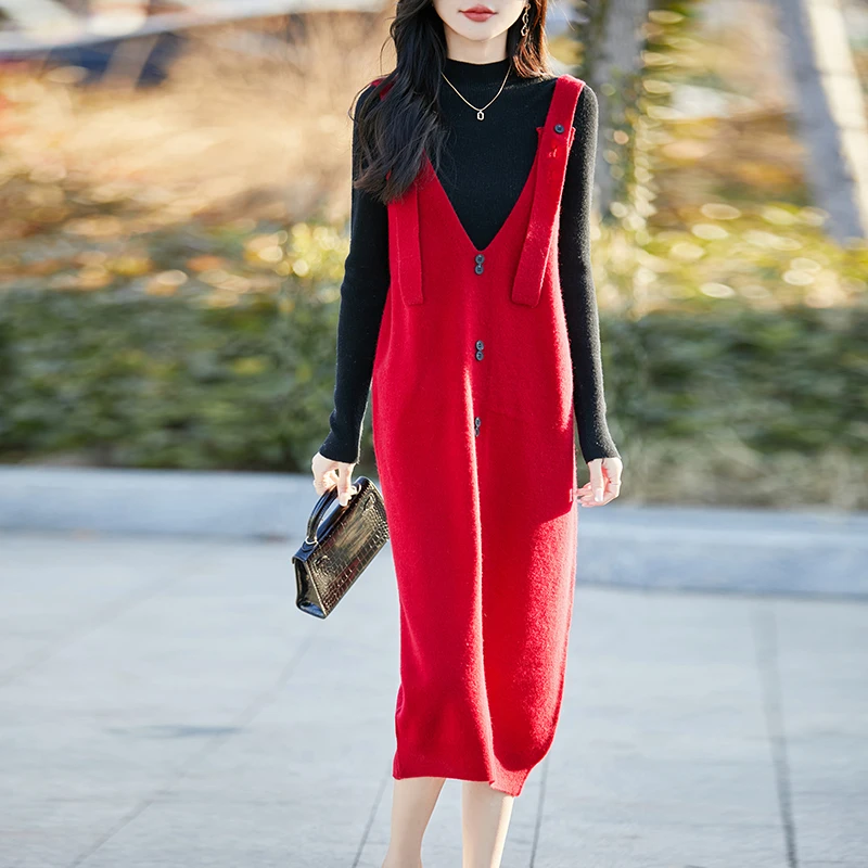 

Осень/зима, новое модное платье на бретелях «Джокер», вязаная однотонная свободная юбка на пуговицах, свитер из чистой шерсти