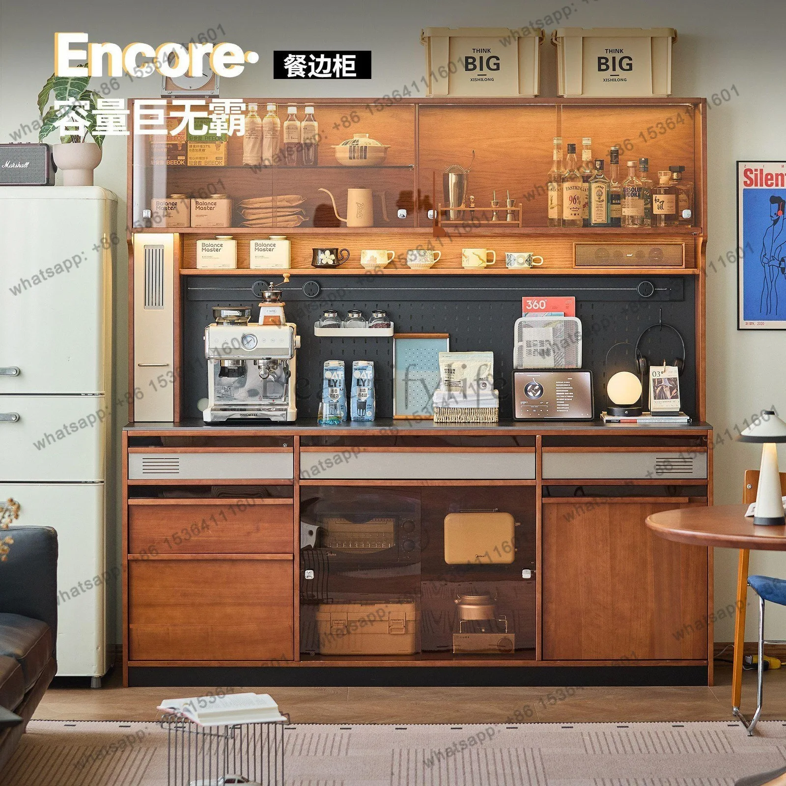 

Solid wood sideboard, vintage wall-to-wall integrated storage, living room, retro storage, tea and coffee cabinet
